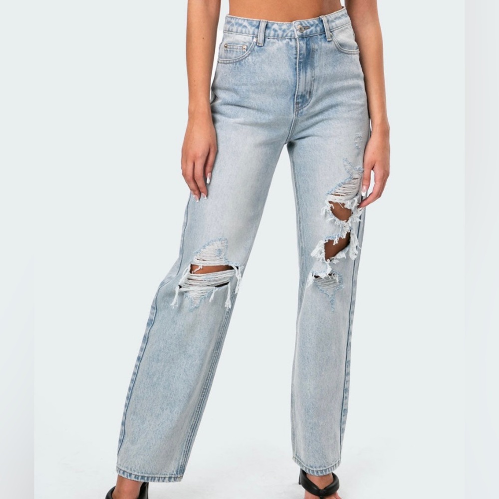NEW Edikted High Rise Wide Leg 100% Cotton Ripped Blue Jeans